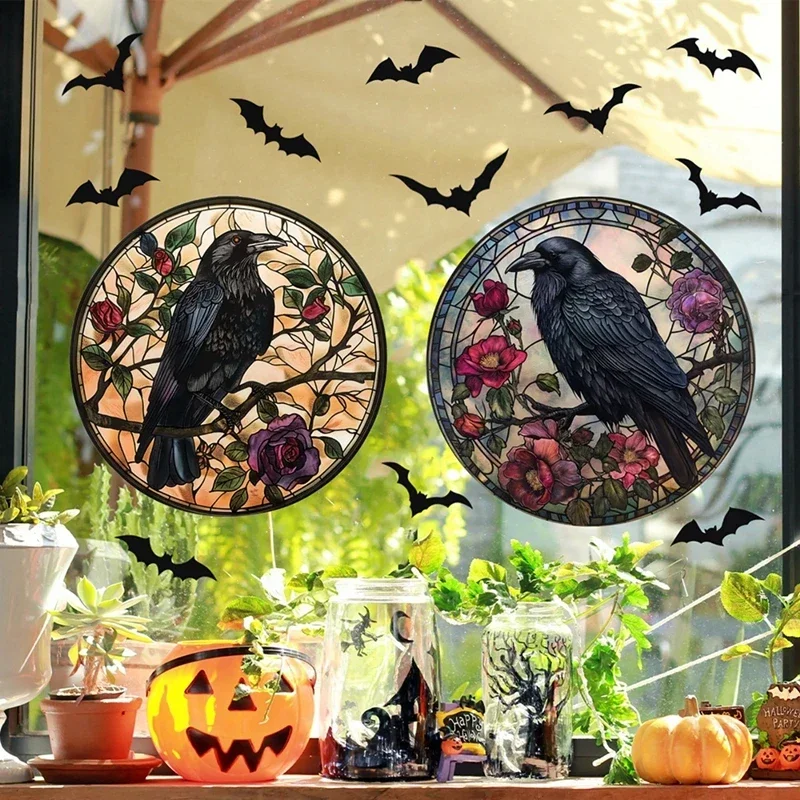 2Pcs PVC Window Glass Stickers Crow Bats Flowers Wall Sticker Halloween Stickers for Window Window Clings Decal ^^