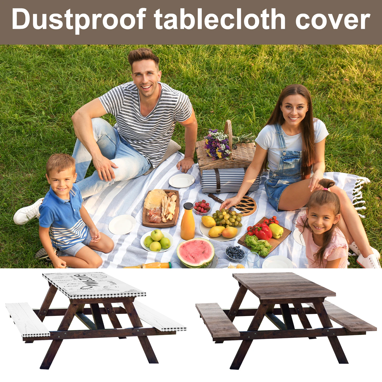 

Picnic Table Cover Reusable Camping Tablecloth with Bench Covers Waterproof Easy-to-Fitted Tablecloth Cover Set Windproof Fabric