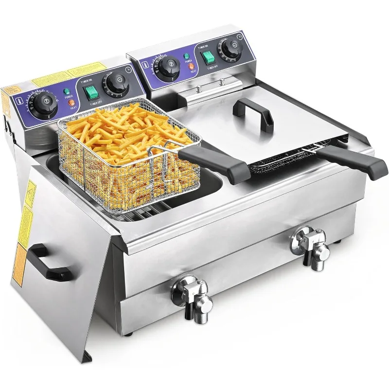 WeChef 業務用電気フライヤー 23.4L 3000W フライヤー 時間制御と油濾過付き デュアル取り外し可能なバスケット