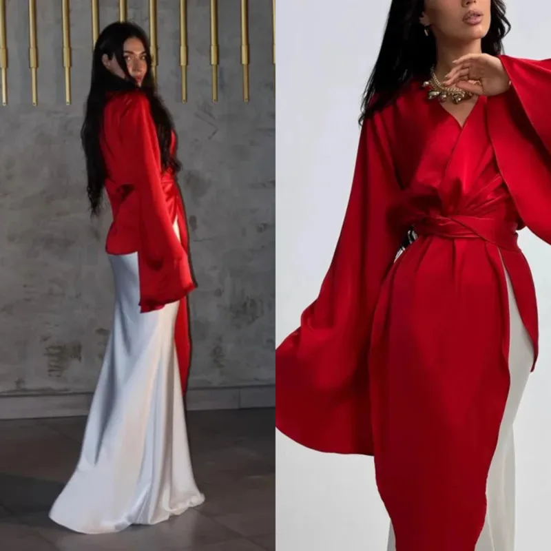 

Elegant V-neck Slim Satin Dress For Women 2025 New Fashion Flared Sleeve Colorblock Draped Pleated High Waist Long Party Gown