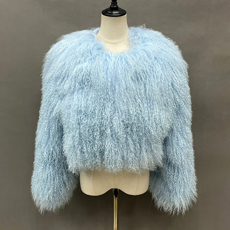 Lady Luxury Mongolian Sheep Fur Coats Winter Thick Warm Crop Jacket Natural Fur Coats Women 2024 S5246