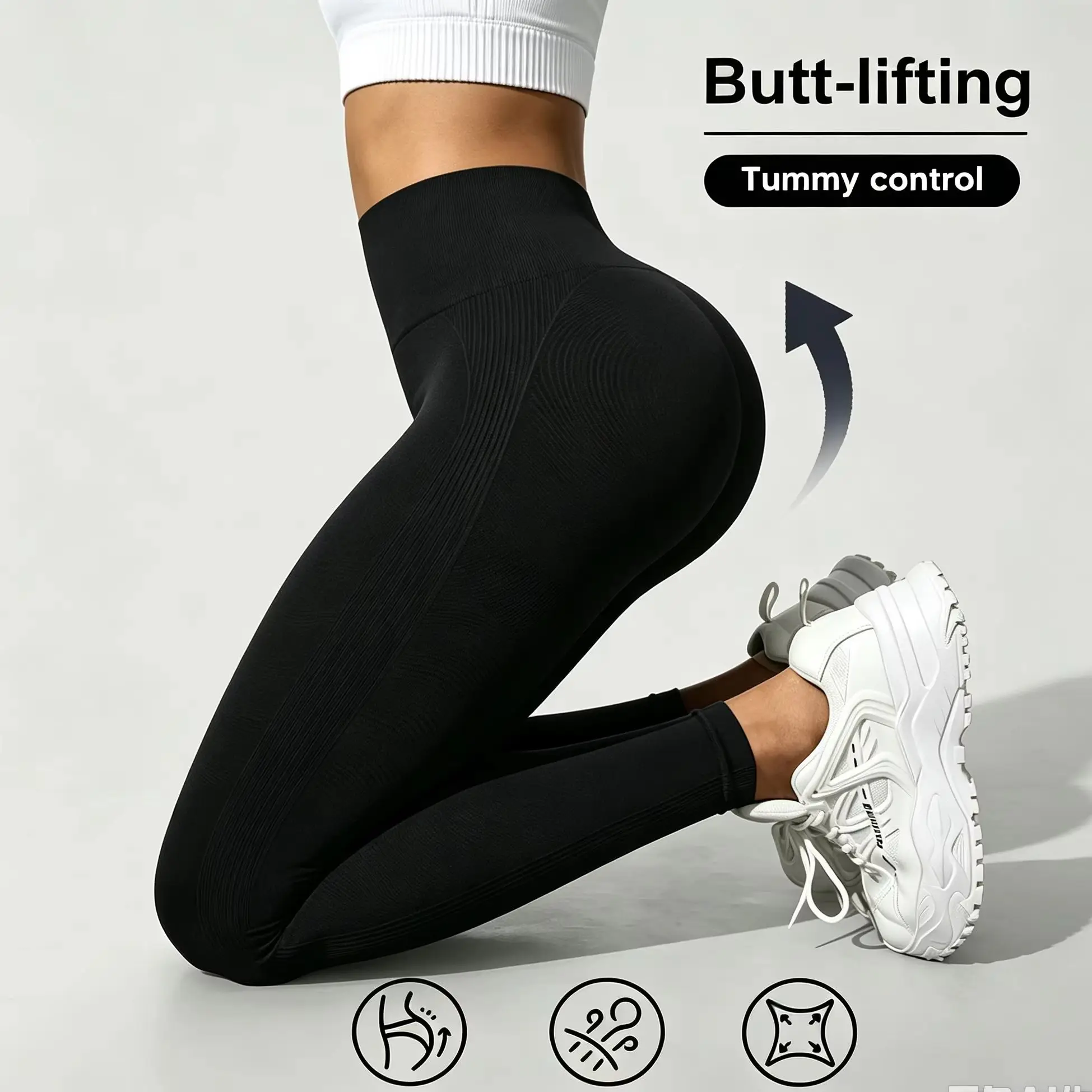 Women Butt Lifting Yoga Leggings Elastic Workout High Waist Tummy Control Ruched Booty Pants Seamless Gym Compression Tights