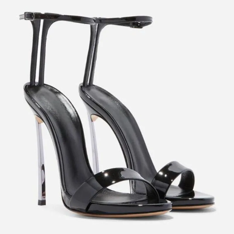 Pink Yellow Sliver Matte Leather Metal Blade Heels Sandals Woman One Line Ankle Buckle Strap High Heel Banquet Dress Shoes Lady