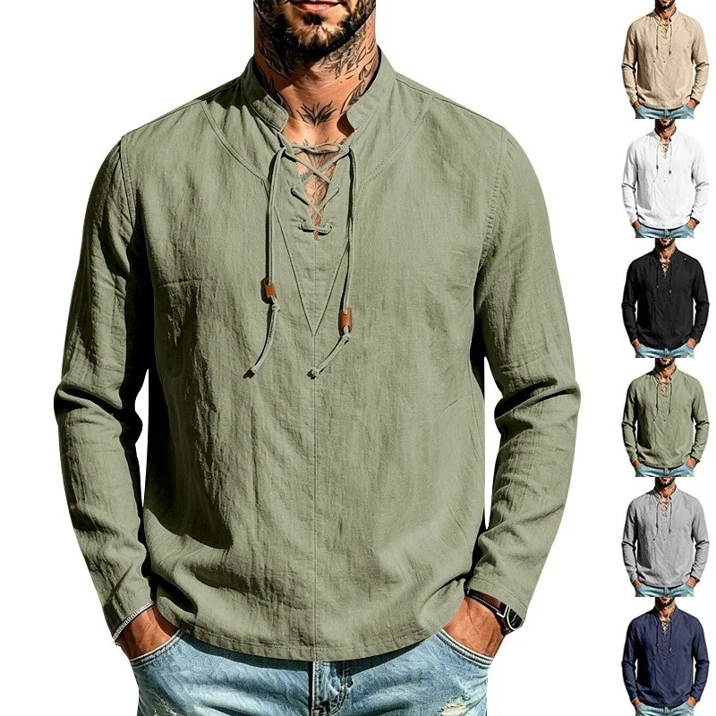 Men's Linen Long Sleeve Shirt Stand Collar Cross Strap Design Casual Pullover Tops Spring Autumn Men's Shirt for Men