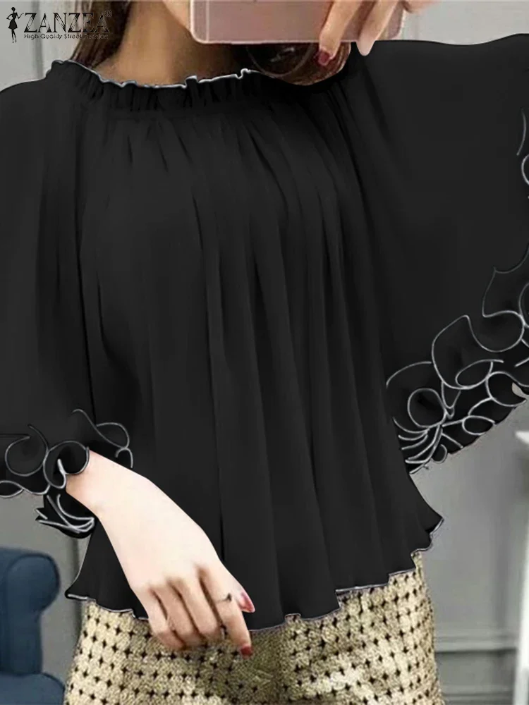ZANZEA 2025 Camicetta da donna con maniche a pipistrello Camicetta coreana con volant Patchwork Top Chic elastico girocollo Tunica allentata Casual Blusas estivi