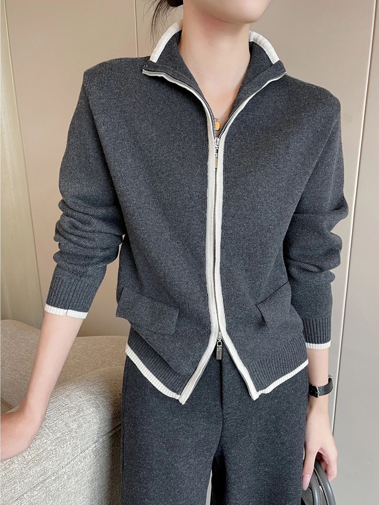 

Casual Sle Knitted Cardigan Women's Winter Faion Sweater Coat Color Blo Collar Stand up Zipper Closure Long Sve Soft
