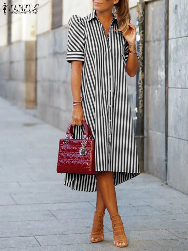 Women Vintage Striped Printed Vestido ZANZEA Summer Shirt Dress 2022 Fashion Short Sleeve Robe Casual OL Irregular Knee Sundress