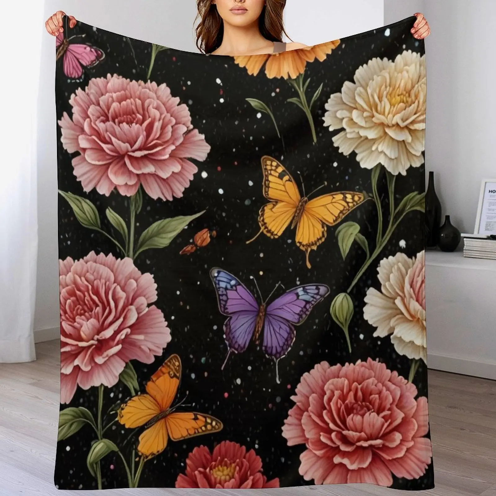 

Mix carnation flowers and butterflies Throw Blanket Cozy Light Blanket for Travel Camping Picnic