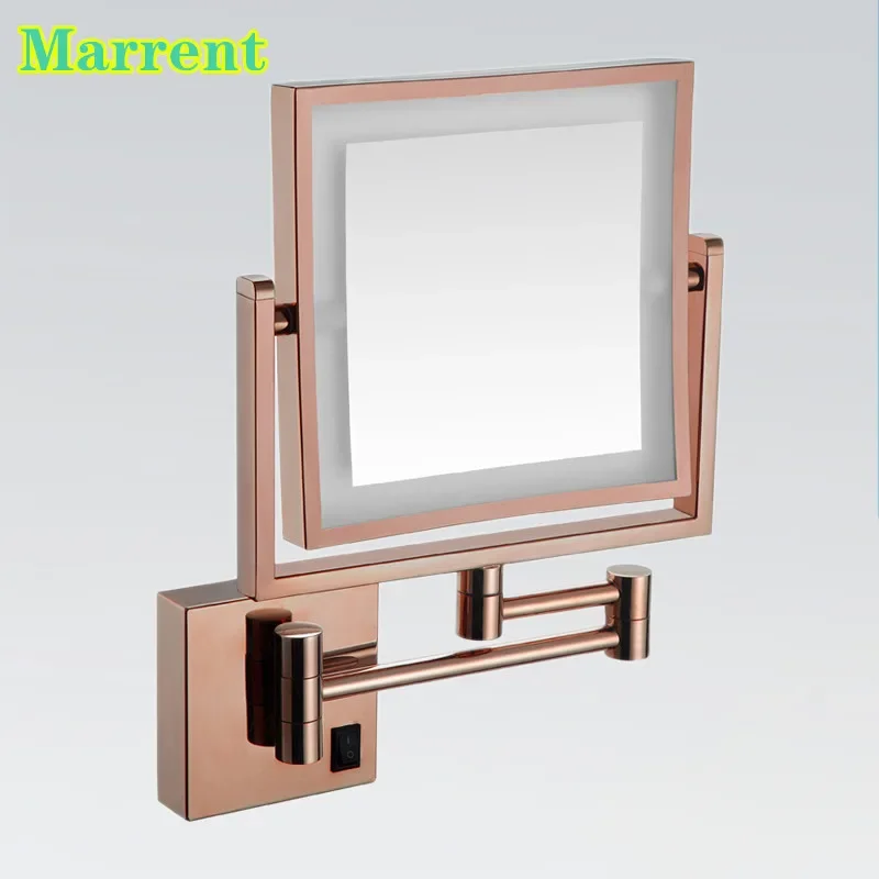 Rose Gold Makeup Mirror with LED Light Square Folding Bathroom Mirrors Wall Mounted 3X Magnifying LED Folding Bathrooom Mirrors