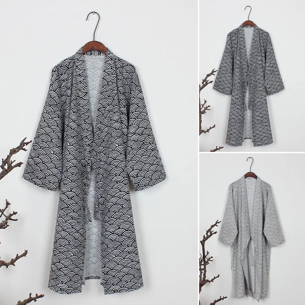 Cozy and Stylish Cotton Mens Kimono Yukata Robe Gown Nightwear Bathrobe Loose Fit Japanese Style Cozy Pattern (Gray)