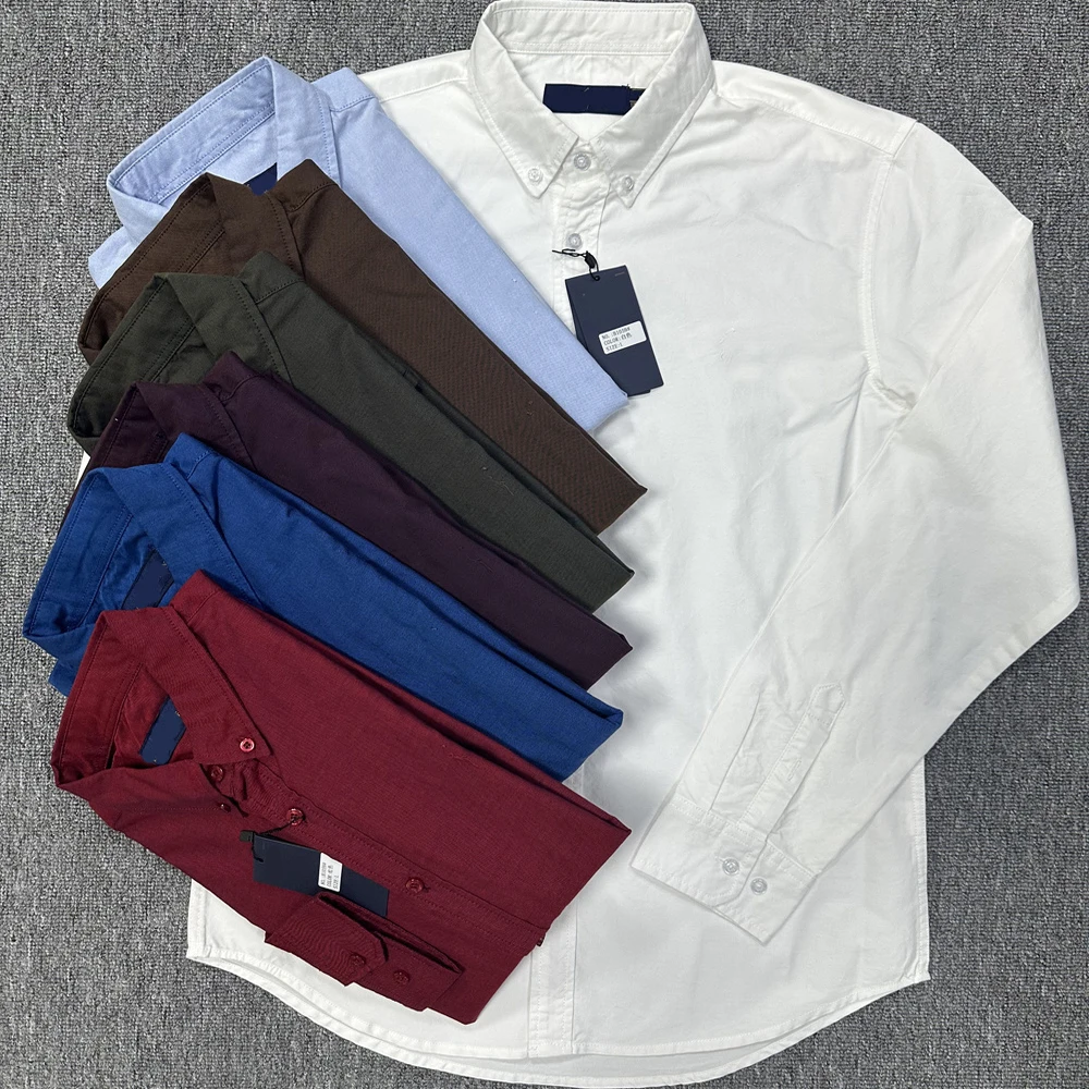 

Мужская рубашка из чистого хлопка с длинным рукавом, приталенная, из оксфордской ткани, для весны и осени, деловой повседневный стиль, с цветной этикеткой