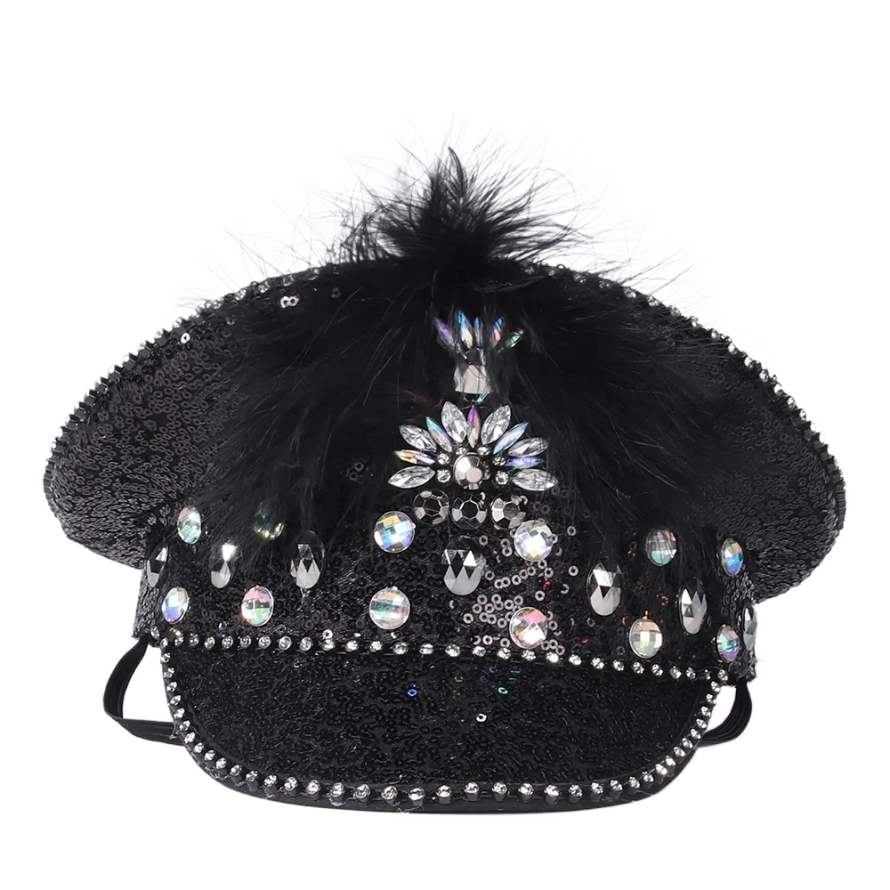 Fashion Women Feather Captain Hat Bride Hat Sequin Military Hat Sergeant Hat Hen Do Hat Festival Birthday Part Hat