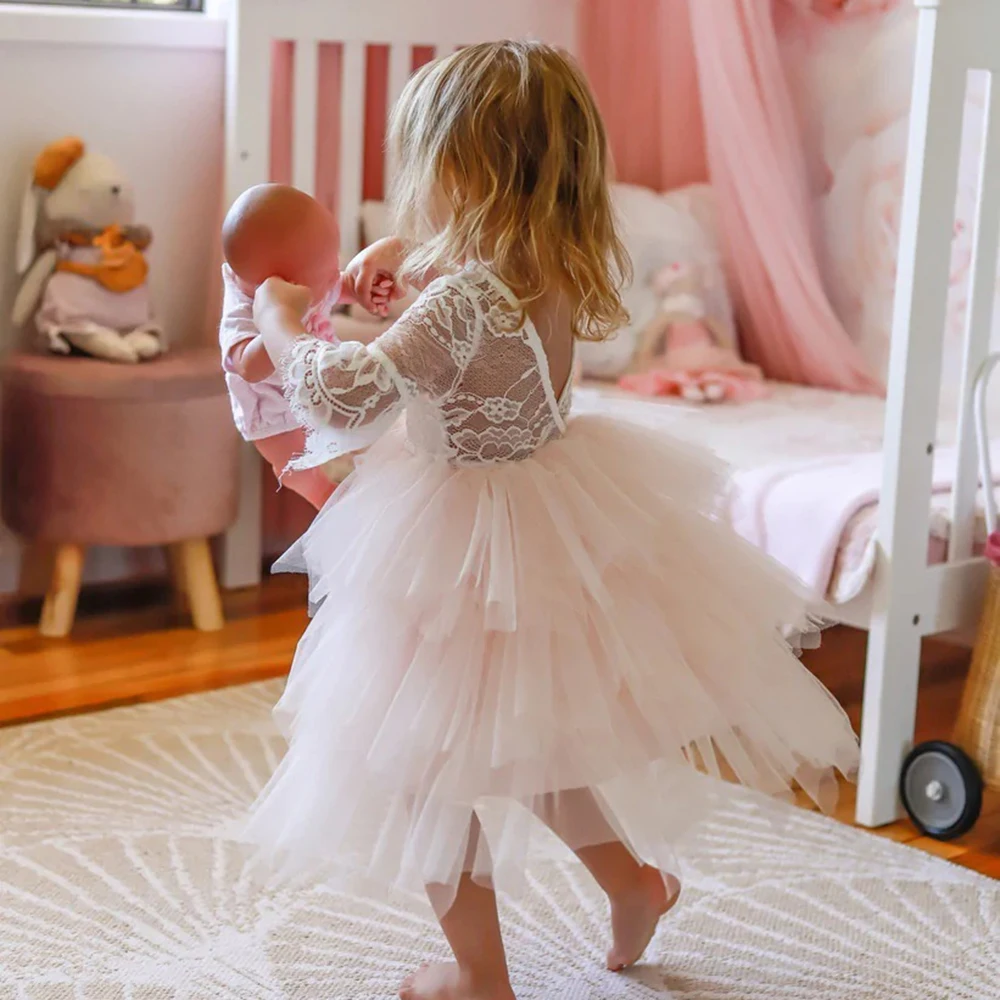 Vestidos de flores de tul escalonados para niña, Apliques de encaje, manga acampanada, vestido de fiesta de cumpleaños, Simple línea A, longitud de té, vestidos de primera comunión