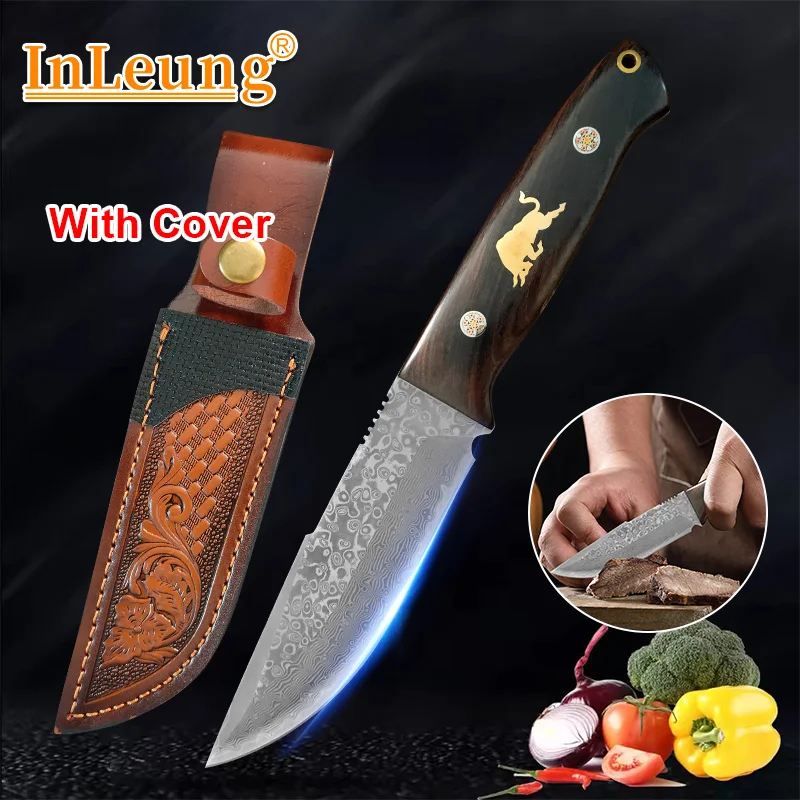 Damaskus VG10 Stahlmesser mit Holzgriff Feststehende Klinge Kochmesser für Fleisch, Obst, Gemüse, BBQ, Schneiden Küchenzubehör