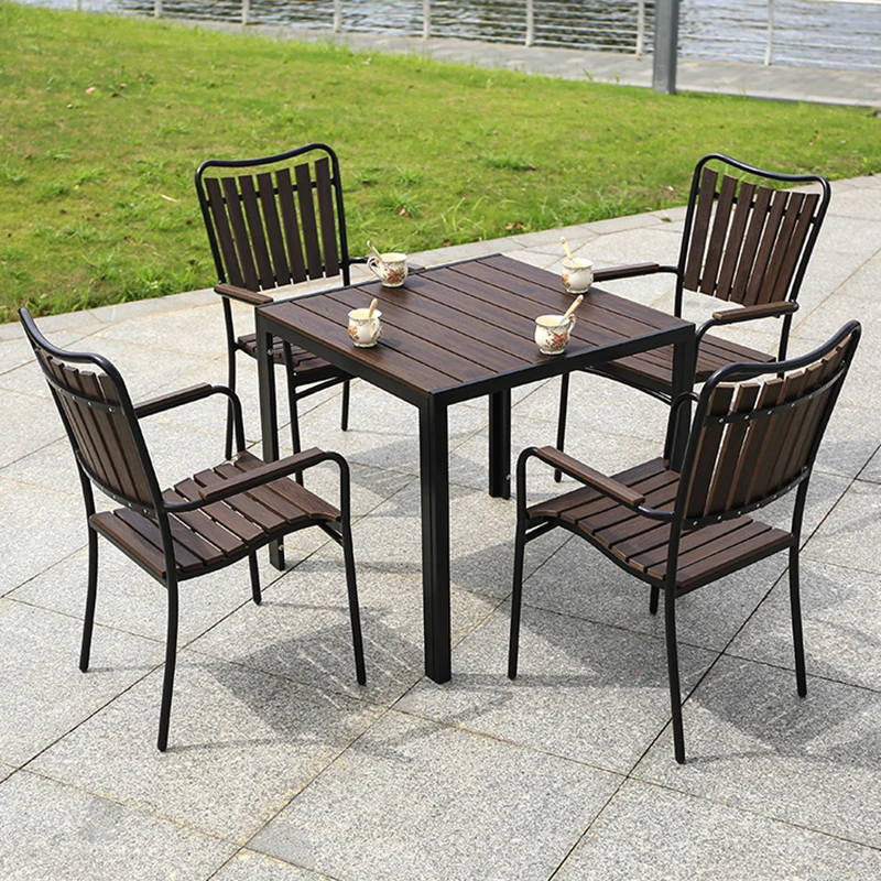 2024 New 4 Person Outdoor Wood Grain Square Table 80cm Outdoor Dinings Table Waterproof Rectangular Brown Table Room Furniture