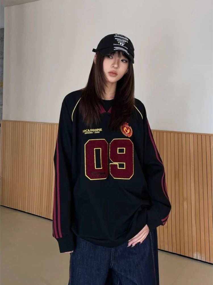 النمط الياباني الكوري الوزن الثقيل الهيب هوب الخامس الرقبة جيرسي نمط البلوزات 2025 الخريف المتضخم للجنسين البلوفرات المرأة بلايز عادية #1