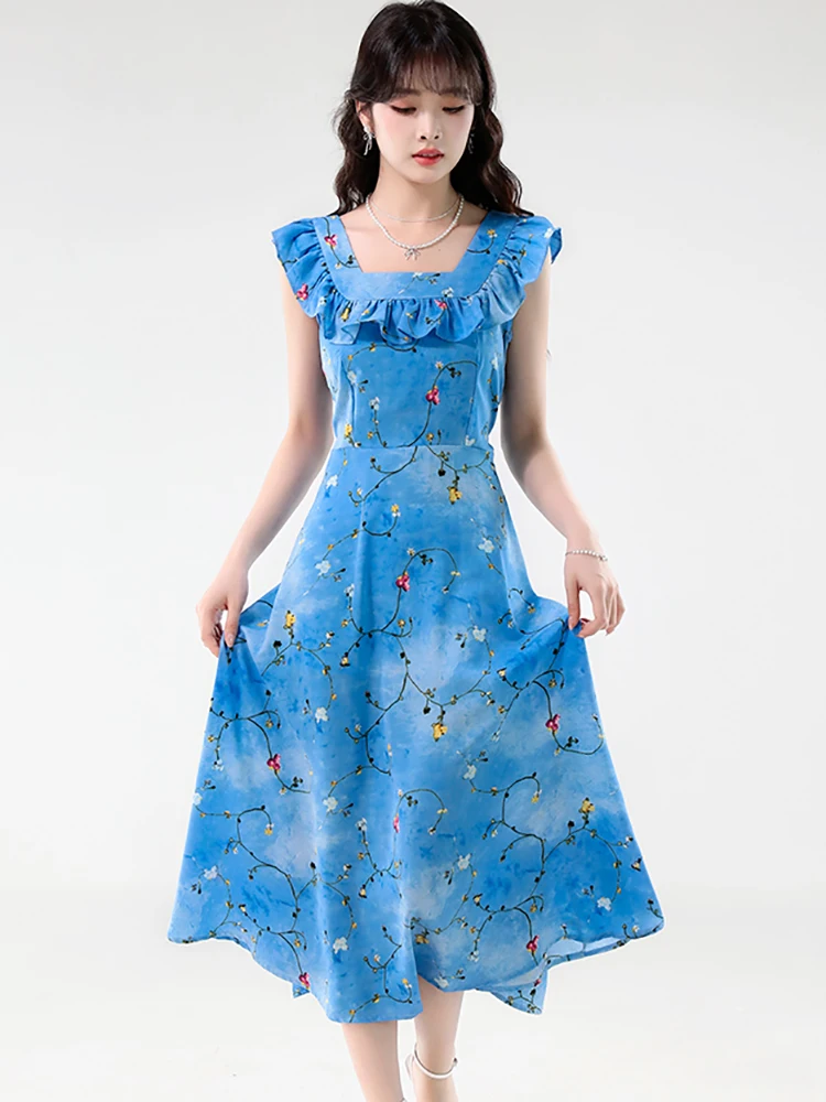 

Women Blue Floral Ruffled Square Collar Long Dress Summer Sleeveless Chic Casual Holiday Dress 2025 Korean Bodycon Evening Dress