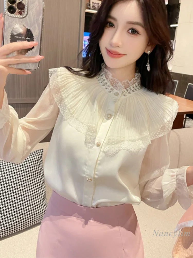 

Lotus Leaf Edge Chiffon Blouses Lady Spring and Autumn 2024 New Design Sense Niche High-end Long-sleeved Top Rhinestone Blusas