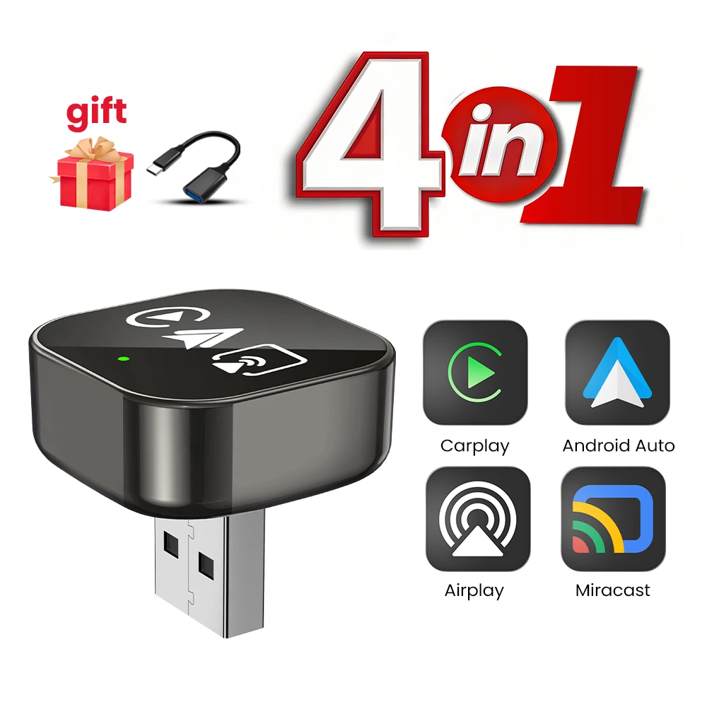 4-in-1 Draadloze Carplay Android Auto Mirror Link Airplay Adapter Plug & Play Lage Latency Voor Audi Benz Volvo VW Ford Citroen MG