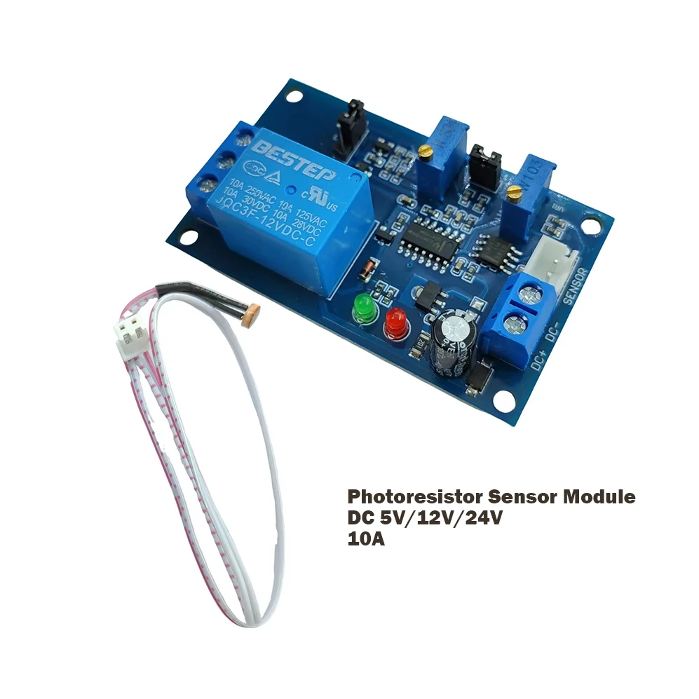 

Photoresistor Sensor Relay Module DC 5V12V24V Light Control Delay Switch Adjustable 20S 200S, No Light Sensing Time Delay Module