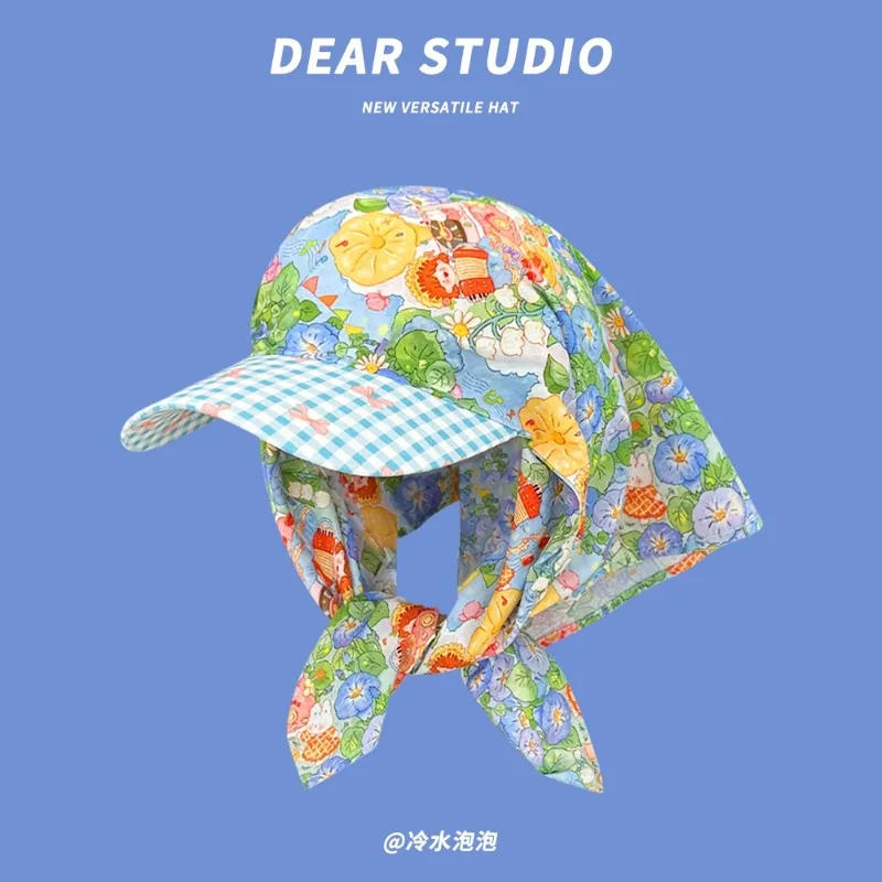 Japanese Fresh Pastoral Style Lace Strap Headscarf Cap for Women Summer Fashion Sunscreen Sweet Versatile Printed Sun Hats 4