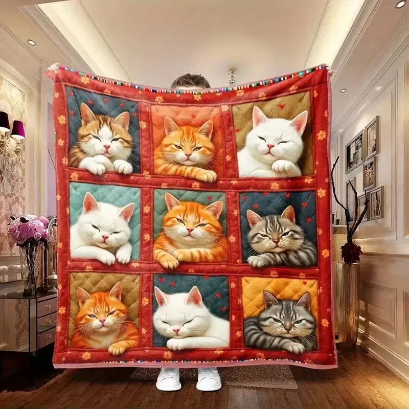 Patchwork Grid Cute Cat Print Throw Blanket Home Accent Living Room Bedding Office Nap Housewarming Gift for Animal Lovers