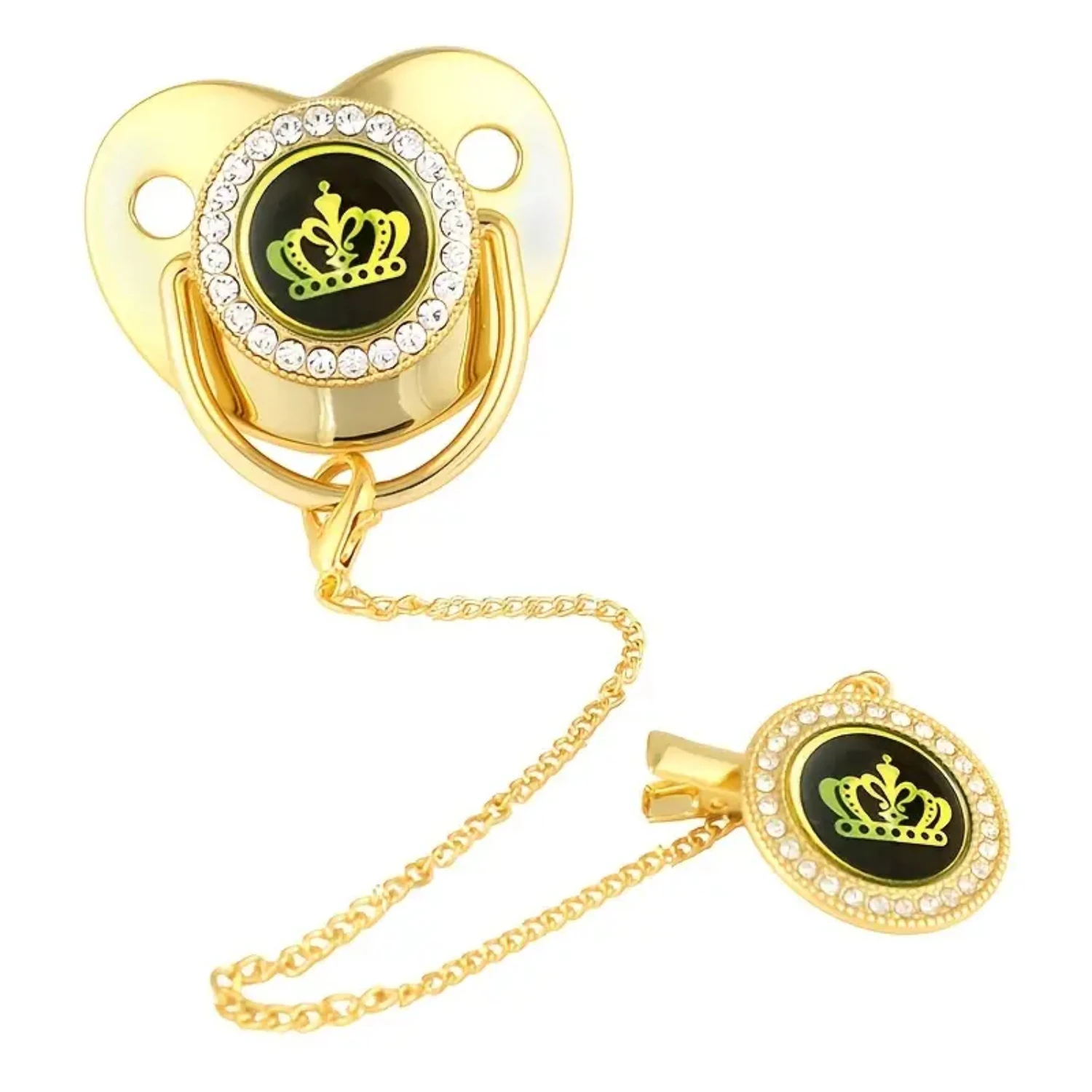 Playful and Luxurious Golden Prince Rhinestone Baby Pacifier for Regal Mouthfuls and Royal Comfort - Accessory with Chain Clip F