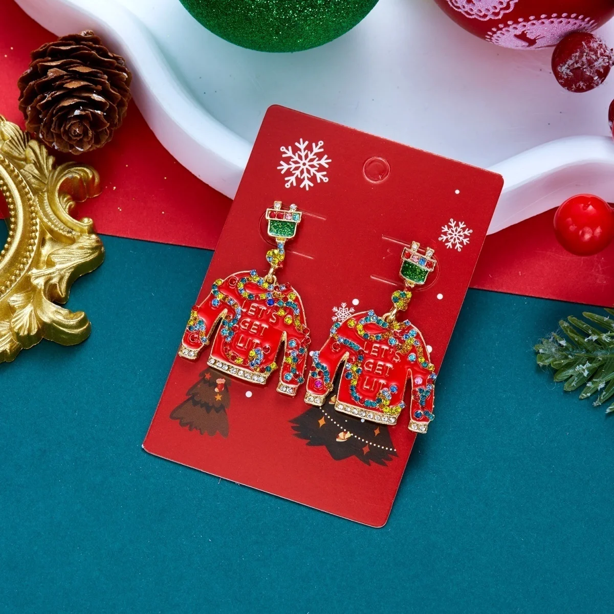 Bunte Strass-Weihnachtspullover-Geschenkbox-Ohrhänger für Damen, Weihnachts-Schneeflocken-, Schlittschuh-, Glühbirnen- und Haus-Ohrringe, Schmuck – Detail 26