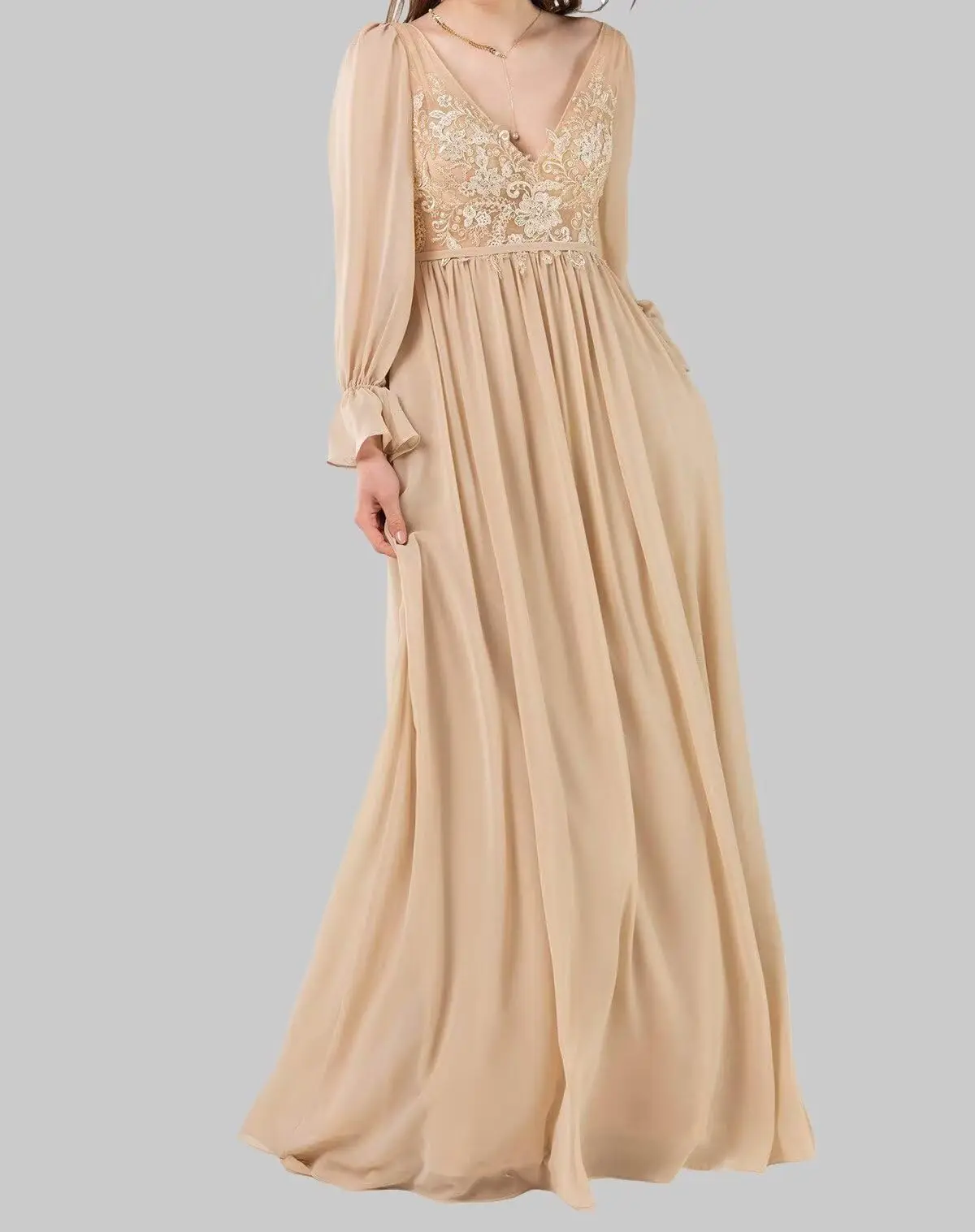 V Neck Bridesmaid Dresses Long Sleeve for Wedding Lace Appliques Formal Party Gown with Slit