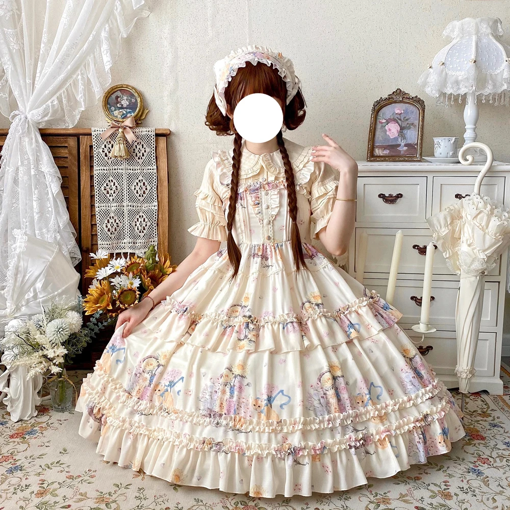 Vestido japonés Kaeaii Lolita de girasol y gato, vestido JSK con tirantes, volantes, dulces vestidos de tirantes para niñas, vestidos de fiesta de princesa elegantes