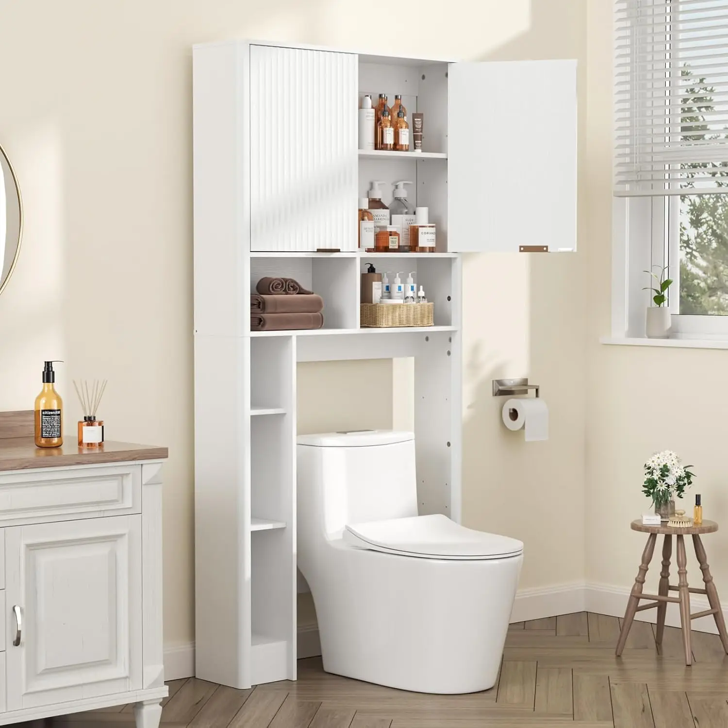 

31"W Over Toilet Cabinet White Bathroom Organizer Adjustable Shelf 67"H Paper Holder Restroom Laundry,Customized