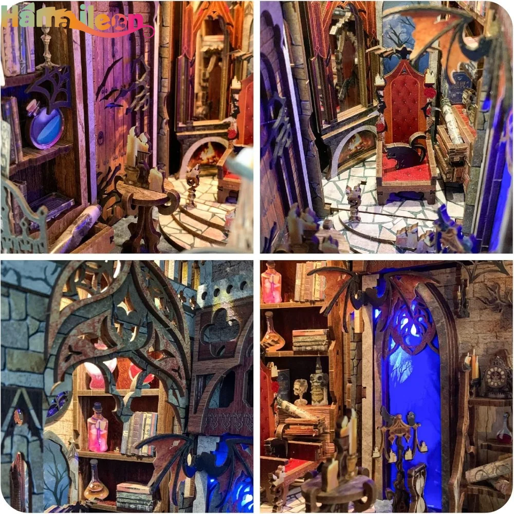 Hamaileon DIY Book Nook Kit Shelf Insert Miniature 3D Wooden Puzzle Bookshelf Dollhouse Bookend Toys（Twilight Castle）