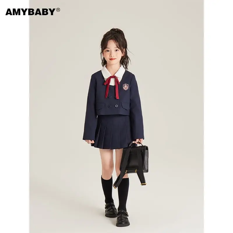 3 PCS set Autumn Spring Girls sets Lapel Japan College Coat+Shirts+ Pleated skirt Knit Coat Kid Children Toddle baby Suits Kids