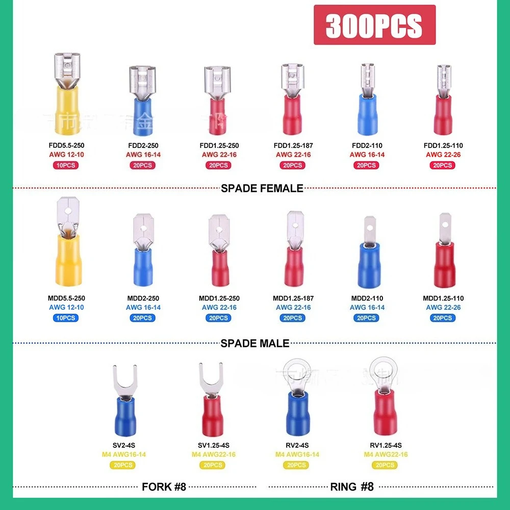 300Pcs Cold Crimp Terminal Kit, Pre-insulated Spade RV SV European Wire Connectors for Electrical Projects