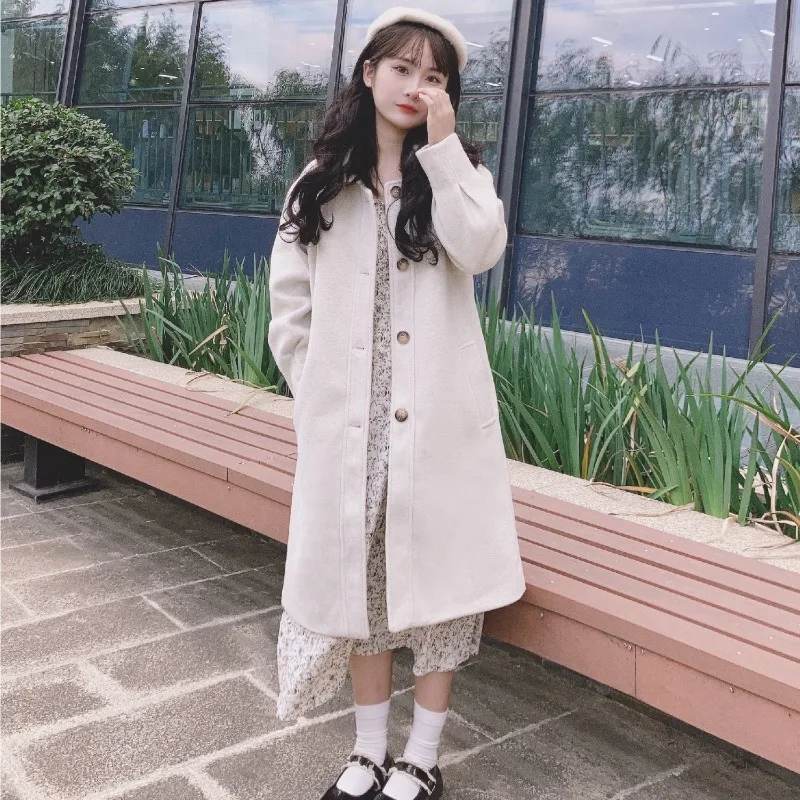 

Autumn Winter Women's Woolen Coat Thickened Soft Fabric Mid Length with Buttons Stylish College Style for Petite Women