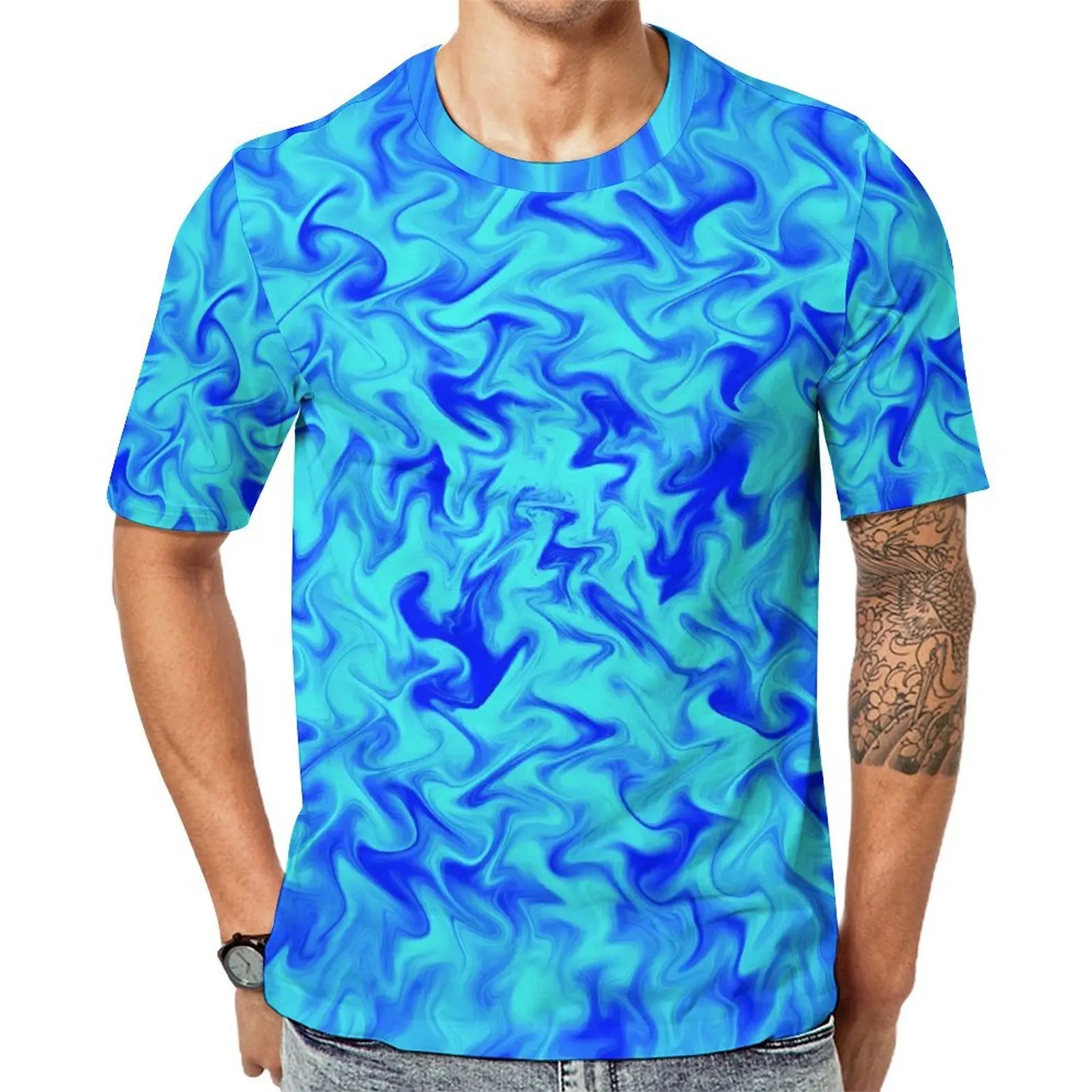 Blue Fire T Shirt For Men Liquid Print Graphic O Neck T-Shirts Summer Vintage Tops Short Sleeve Funny Oversized Tee Shirt Gift