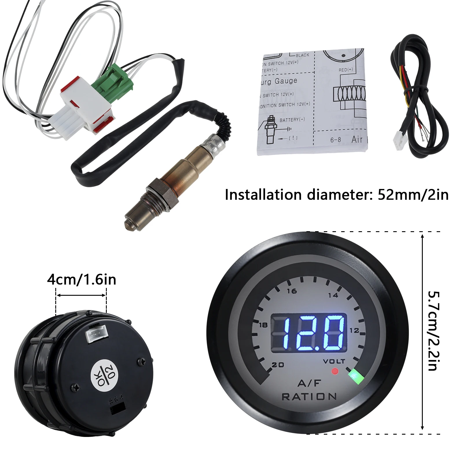 Air Fuel Ratio Gauge 52mm/2inch 12V Precise AFR Gauge Kit with O2 Oxygen Sensor Digital Car Volmeter Durable LED Vehicle Air