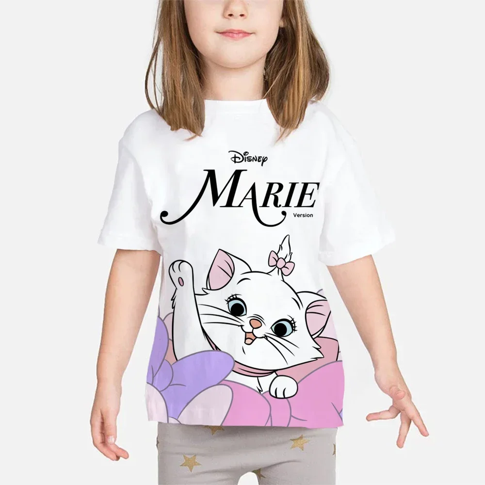 

2024 Summer Disney Marie Cat 3d Print Children T-shirt Round Neck Cartoon Tshirt Girls Casaul Cartoon Tshirt Tops