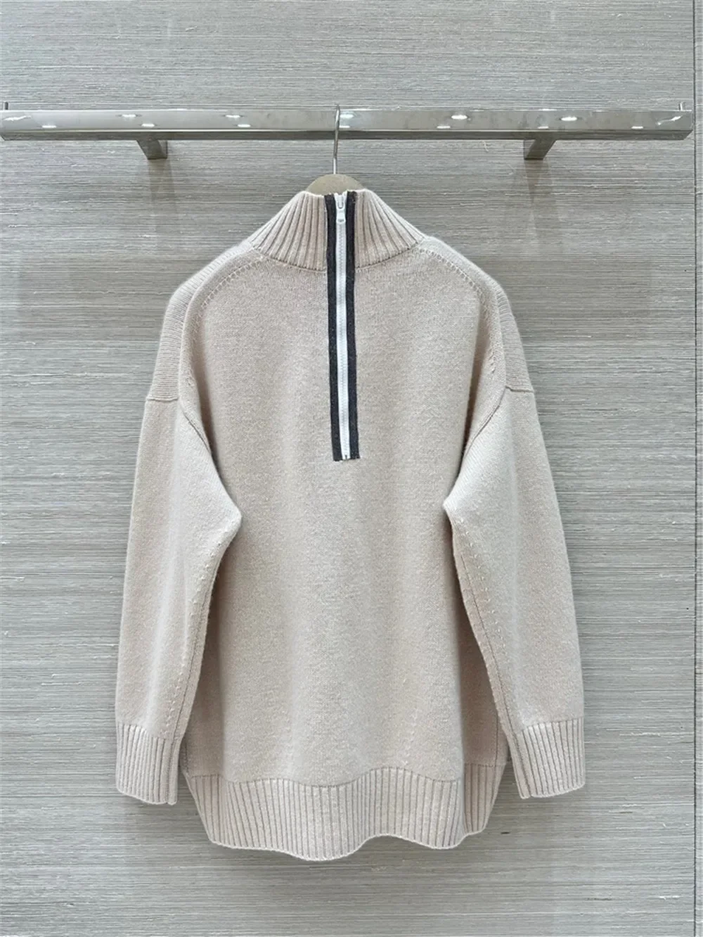 Back Zipper Women's Cashmere Knitted Pullover Autumn Half High Collar Long Sleeve Loose Female Sweater