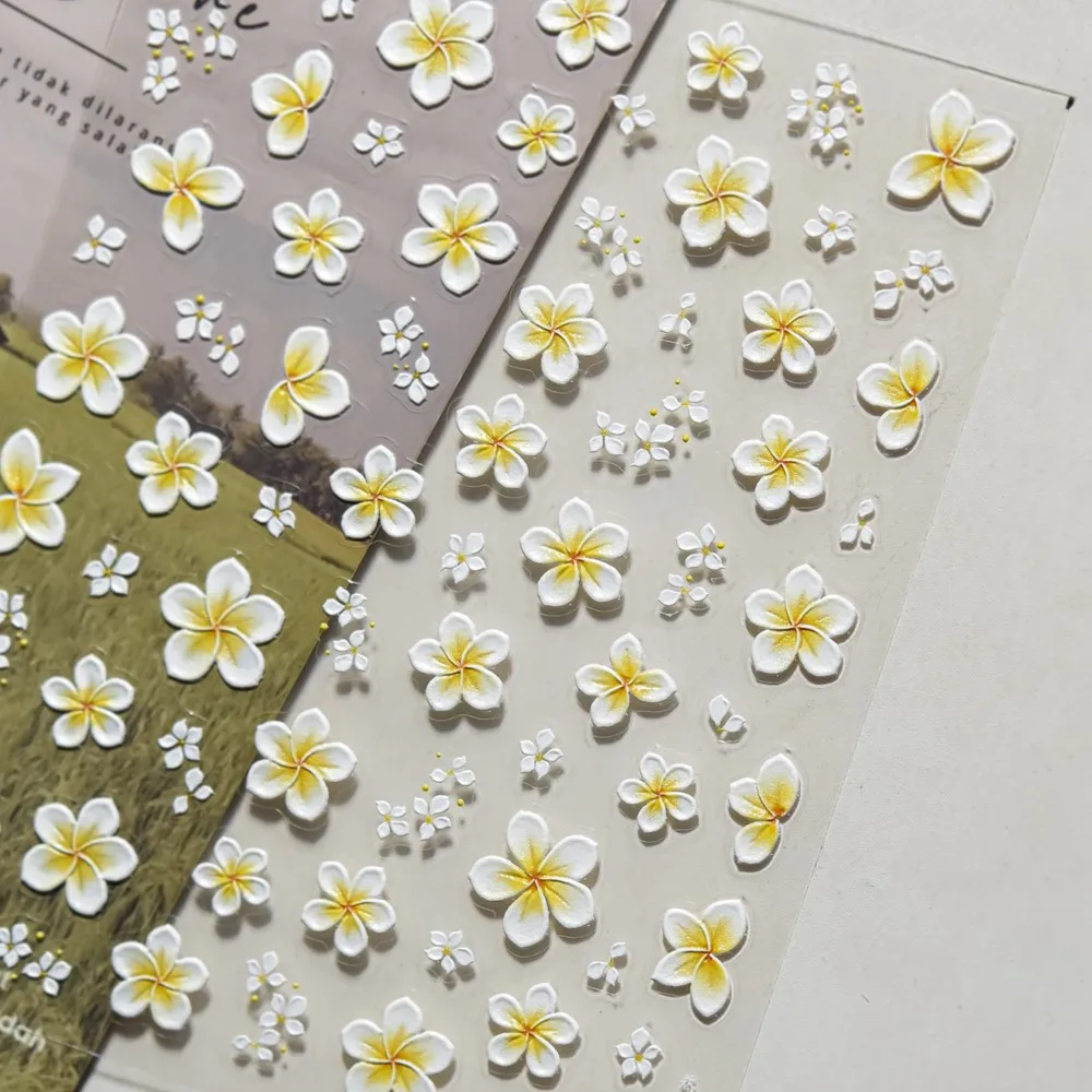 1pc 5D 노란색 흰색 Frangipani 꽃 네일 아트 데칼 양각 릴리프 5 꽃잎 꽃 네일 스티커 DIY 장식 매니큐어 슬라이더