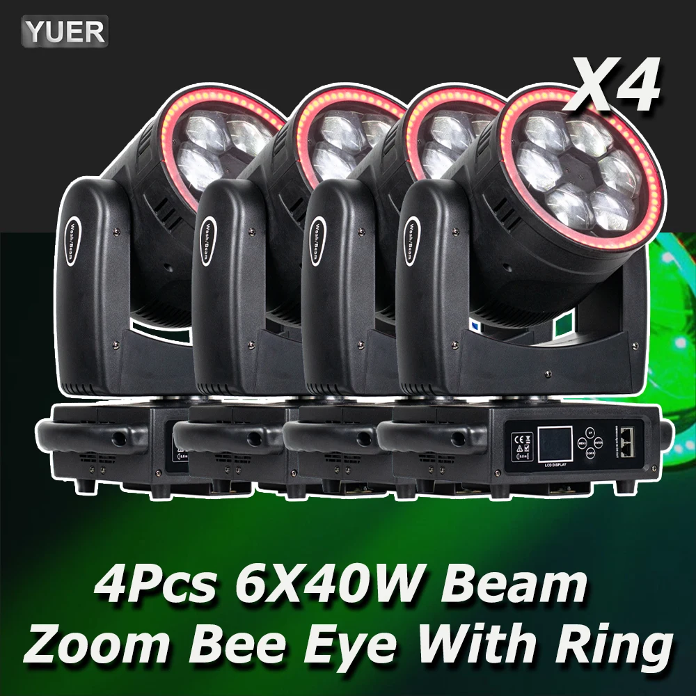 4Pcs/lot 6x40W LED Bee Eye Led Beam Moving Head Wash Zoom Light Stage Lights With LED Strip Dj Effect Light Disco Wedding Bar