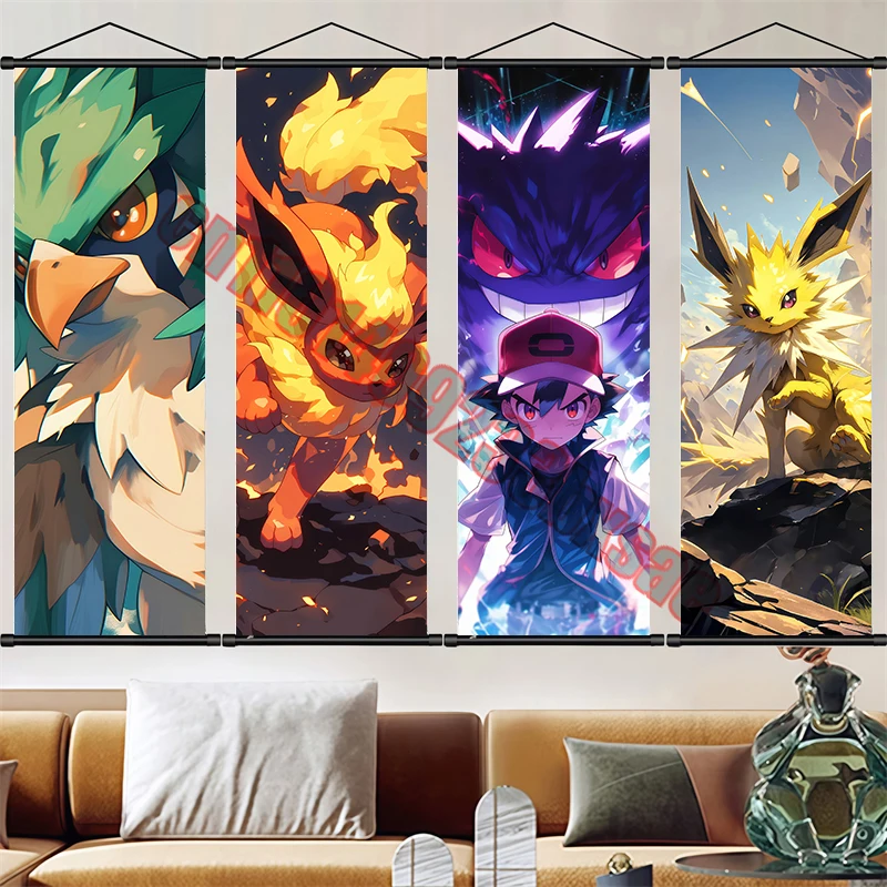 

Classic Cartoon Anime Pokemon Gengar, Charmander, Eevee, HD Scroll Painting Suitable for Bedroom Wall Decoration Children's Gift