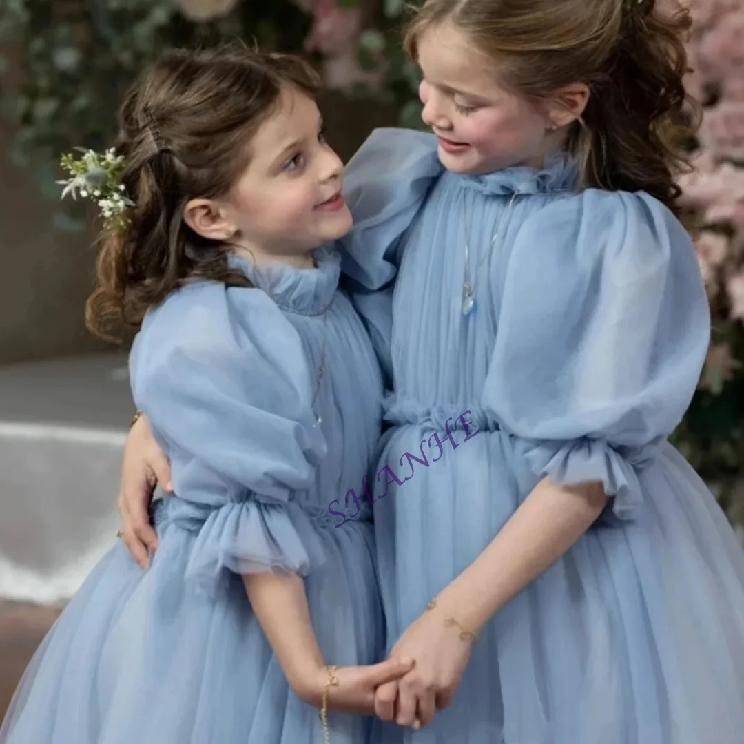 ชุดเดรสเด็กผู้หญิงสีเทาอมฟ้าแบบสั่งตัดสำหรับงานแต่งงาน คอสูง แขน 3/4 ผ้าทูลล์พองฟู สำหรับงานวันเกิดเด็ก งานพิธีศีลมหาสนิทครั้งแรก