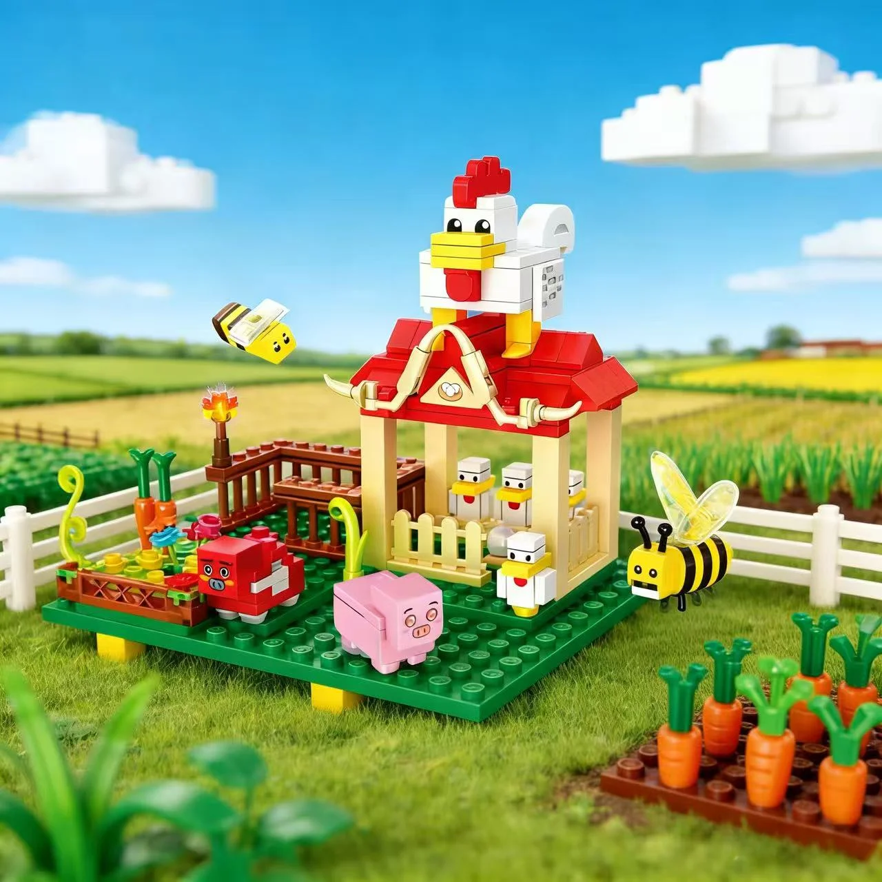 Creatieve boerderijgebouwscène stapelblokken, windmolens + dierenvormen, zeer gedetailleerd bouwmodel, verzamelbaar ornament