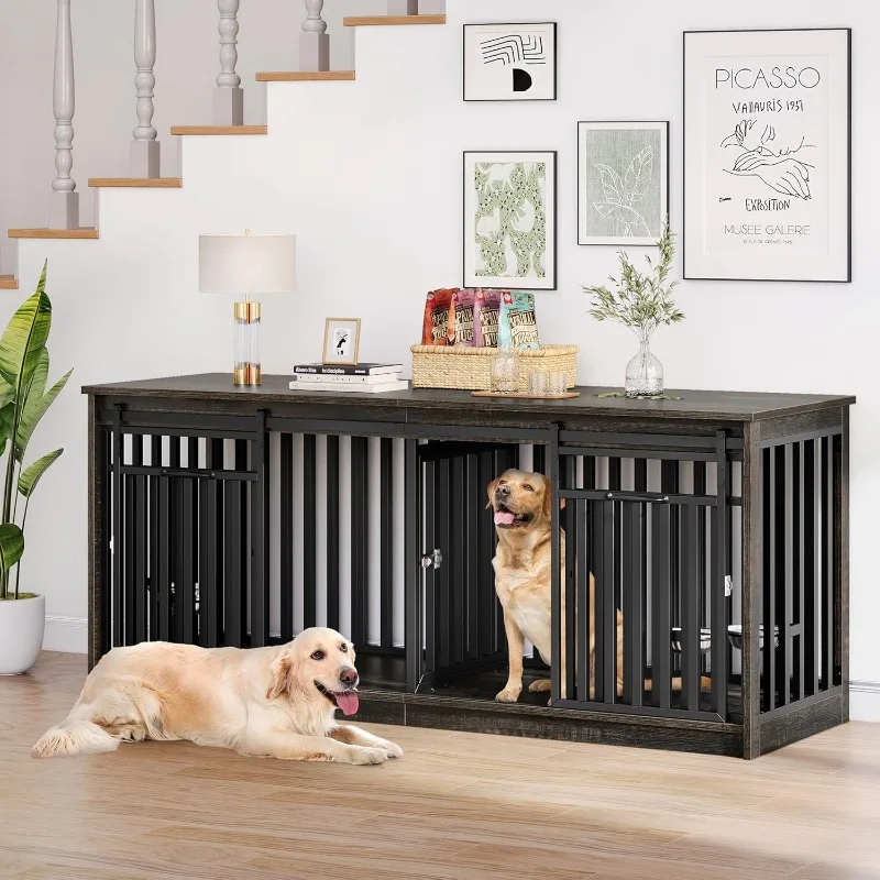 

Double Dog Crate Furniture Heavy Duty Wood Dual Kennel TV Stand with Sliding Doors, Two Dog Cage Table with Bowl