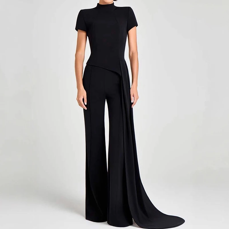 Mode Stehen Kragen Einfarbig Unregelmäßigen Set Casual Kurzarm Pullover & Lange Hose Outfits Frauen Elegante Pendeln 2 Stück anzug