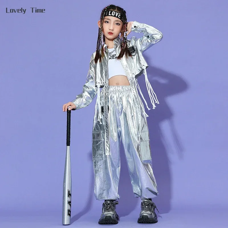 Ragazze Hip Hop Giacca argento Pantaloni cargo da ballo di strada Ragazzi Cool Streetwear Cappotto lucido Bambini Set di vestiti jazz Costumi K-pop