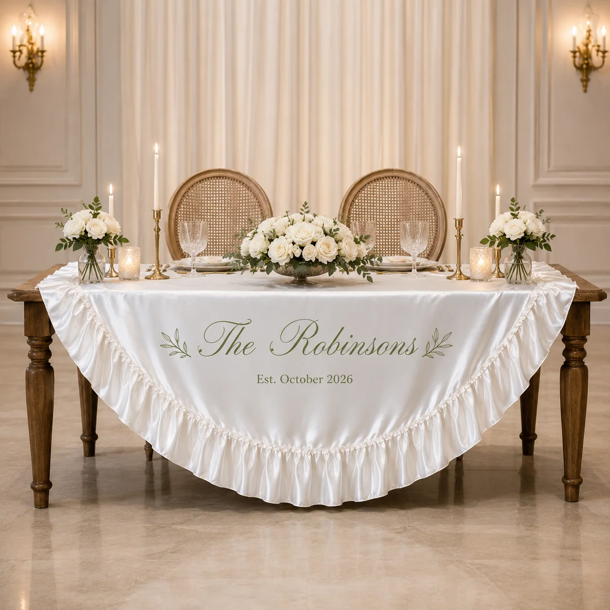 Custom Personalized Satin Wedding Table Overlay Ruffle Edge Elastic Fitted Table Topper Custom Name Date for Wedding Party Decor