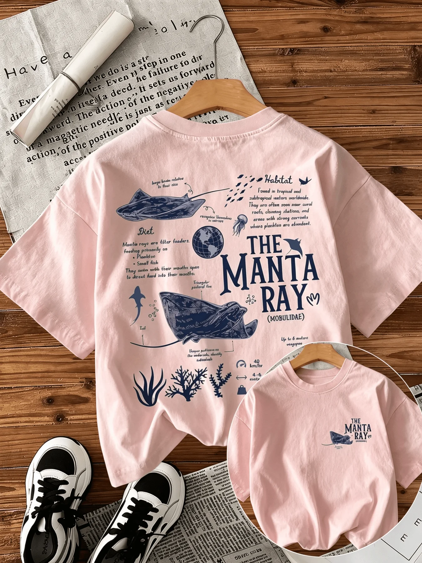 Manta-Rochen-Meerbiologie-Wissenschaftsbildungs-Print Damen Kurzarm-T-Shirt Sommer Neu Rundhals Locker Lässiges Oberteil – Detail 6