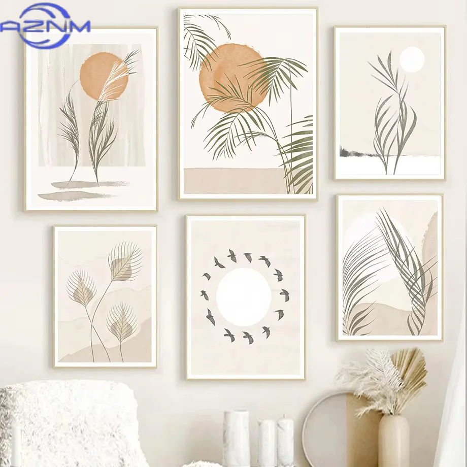 Leaves Sun Green Plants Abstract Boho Wall Art Canvas Painting Nordic Posters Mid Century Modern Print Picture Living Room Decor